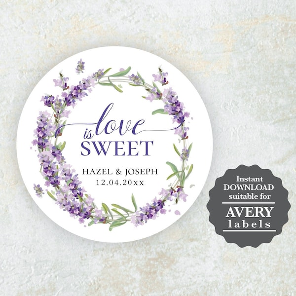 Lavender themed Love is Sweet round Sticker, square tag, digital download, template, wedding favour, bridal shower, PU1