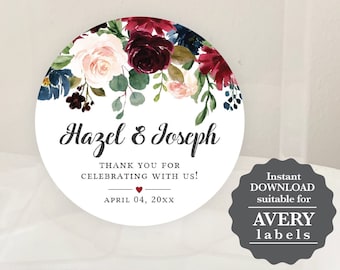 Burgundy themed round Sticker, square tag, editable digital instant download, template, wedding favour, bridal shower, R1