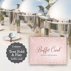 Cartões ROSA Rose Gold Glitter Buffet, download instantâneo digital editável, modelo de tenda de 4" x 3" e cartões planos, casamento