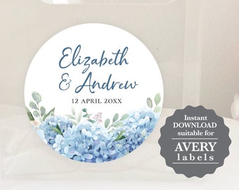 SINI blauwe hortensia ronde sticker, vierkante tag, bewerkbare digitale instant download, sjabloon, huwelijksgunst
