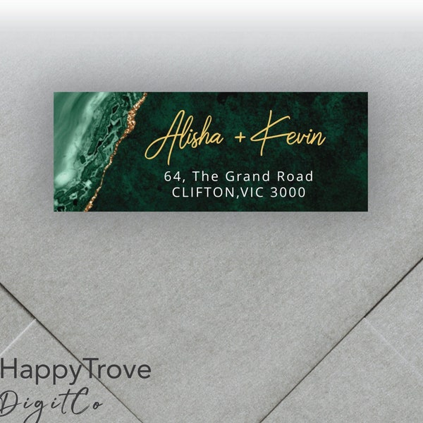 VERDA Emerald Green & Gold return address label, editable digital instant download, template, wedding