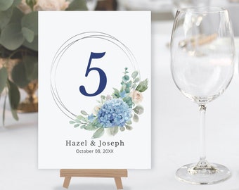 SINI Blue Hydrangea Table Number Signs, editable digital instant download,  template 5x7  4x6 portrait, wedding