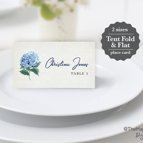 SINI Blue Hydrangea Place Cards, editable digital instant download,  template 3.5 x 2" tent and flat cards, wedding