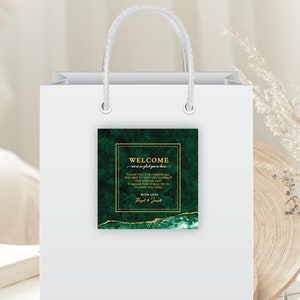 VERDA Emerald Green & Gold welcome bag sticker, digital instant download, template, wedding favour