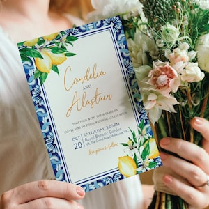 Blue Tiles Lemon Wedding Invitation, Mediterranean, editable instant download, digital download, template, electronic invite L2