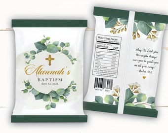 Eucalyptus Gold Cross Baptism Chip Bag Label (Editable Digital Download) G3