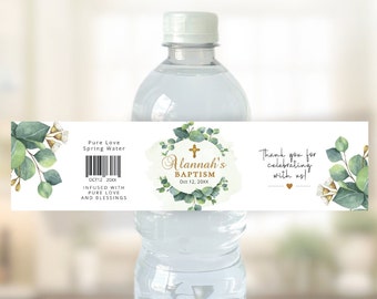 Eucalyptus Gold Cross Baptism water bottle label, editable digital instant download, template G3