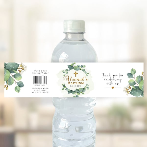 Eucalyptus Gold Cross Baptism water bottle label, editable digital instant download, template G3