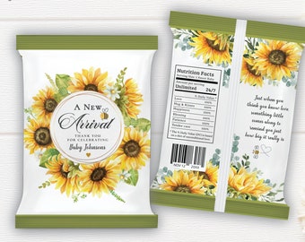 Sunflower themed Chip Bag Label, snacks treat bags, favour, editable digital instant download, template SU1 SU2
