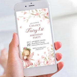 Convite de primeiro aniversário de fada FAYE por telefone, convite de primeiro aniversário rosa blush doce por telefone, jardim encantado, modelo de convite de floresta mágica