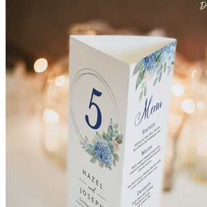 SINI Blue Hydrangea Tri-Fold Menu Stand, table number sign, wedding program, editable digital instant download, template