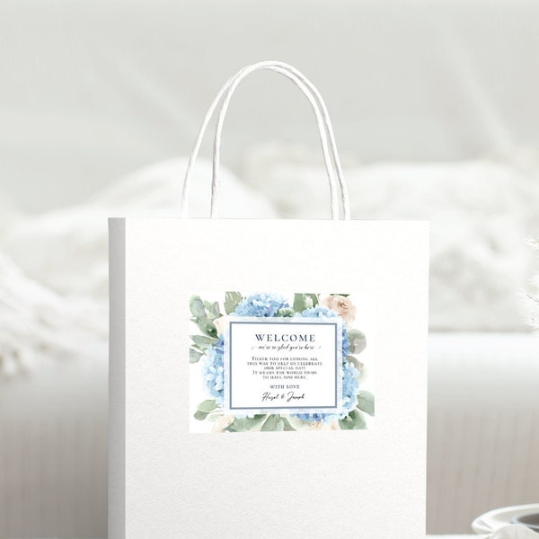 SINI Blue Hydrangea welcome bag sticker, digital instant download, template, wedding, bridal shower, baby shower