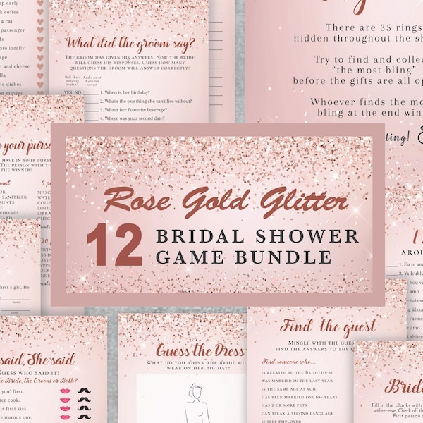 ROSA 12 Rose Gold Glitter Bridal Shower Game Bundle,  Set, editable instant download, digital download, template