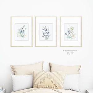 Hamptons Style Dusty Blue Floral Wall Art Set of 3, editable digital instant download, template 8x10 5x7 portrait image 1