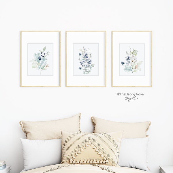 Hamptons Style Dusty Blue Floral Wall Art Set of 3,  editable digital instant download,  template 8x10 5x7 portrait