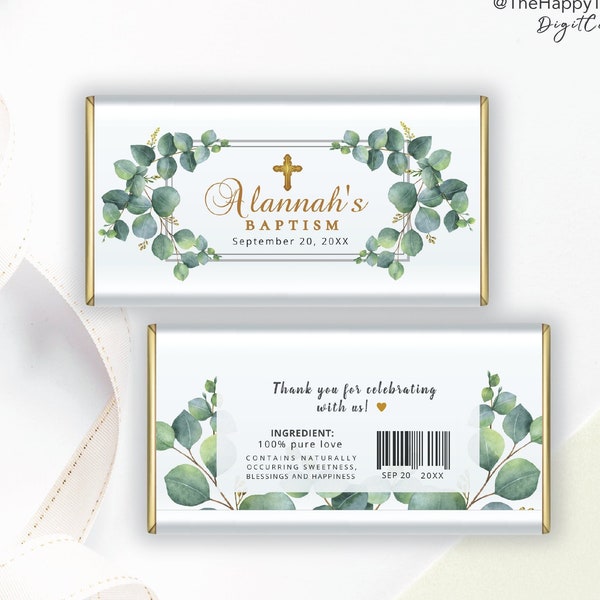 Greenery & Gold Chocolate Bar Wrapper, Aldi 40g, Hershey 1.55oz, editable digital download, template, baptism, thank you G3