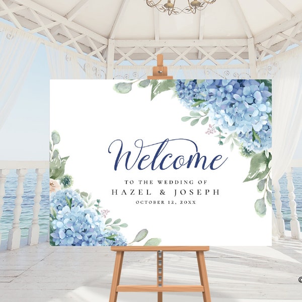 SINI Blue Hydrangea Welcome Sign, poster editable digital instant download,  template A1 A2 36x24" 24"x18"