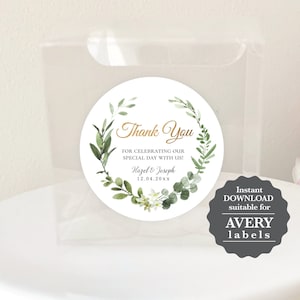 Pegatina redonda temática Greenery & Gold, etiqueta cuadrada, descarga instantánea digital editable, plantilla, favor de boda G1 G4