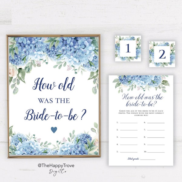 SINI Blue Hydrangea How Old Was The Bride-To-Be, bridal shower game, digital download,  template 8x10 portrait sign