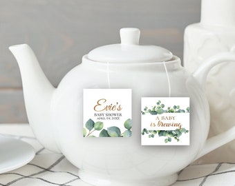 Eucalyptus temática Bebé Ducha Tea Bag Etiquetas, un bebé se está preparando, etiqueta de favor, editable, descarga digital, boda, ducha nupcial G3