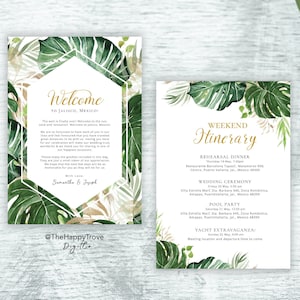 Carte d'itinéraire de week-end tropical et or, carte de sac de bienvenue en téléchargement instantané numérique modifiable, modèle 5 x 7", mariage, douche nuptiale TG1
