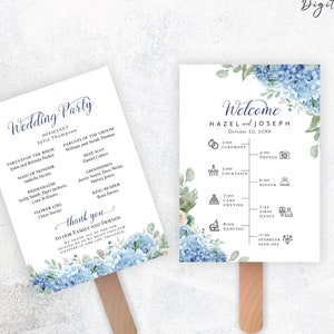 SINI Blue Hydrangea Program Fan, Order of event, editable digital instant download,  template 5 x7", wedding, bridal shower