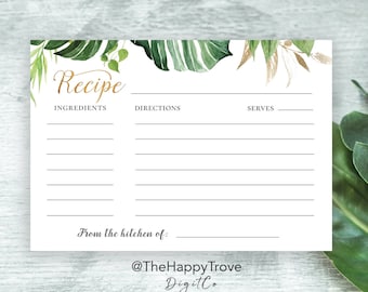 Tropical & Gold Recipe Card, Bridal Shower Game, editable instant download, digital download, template TG1