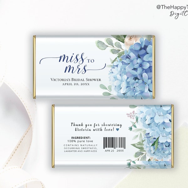 SINI Blue Hydrangea Chocolate Bar Wrapper, Aldi 40g, Hershey 1.55oz, editable digital download, template, wedding favour, bridal shower