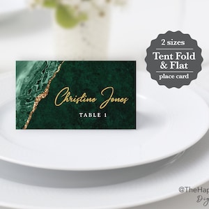 Cartões de lugar VERDA verde esmeralda e dourado, download instantâneo digital editável, modelo 3,5 x 2" para tenda e cartões planos, casamento