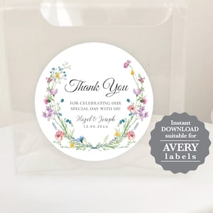 MARLEE Wild Flower round Sticker, square tag, editable digital instant download, template, wedding favour