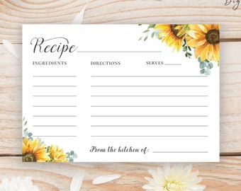 Sunflower Recipe Card, Bridal Shower Game, editable instant download, digital download, template SU1