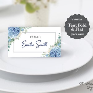 Blue Hydrangea Wedding Place Cards: Tent & Flat Card (Digital Download) SINI