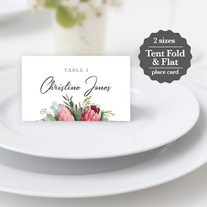 Tarjetas de lugar para bodas Protea: Plantilla editable de carpa y plana (descarga digital) P1