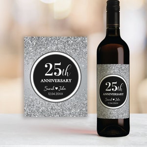 FIDDA Silver Glitter  Wine label,  25th wedding anniversary, Bridal shower, editable instant download, digital download, template