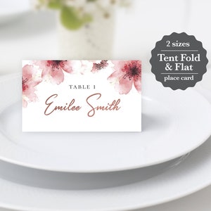 Cartões de lugar em flor de cerejeira, download digital instantâneo editável, modelo de tenda de 3,75 x 2,25" e cartões planos, CB de casamento