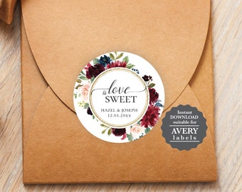 Burgundy Floral Wedding Favor Sticker: Editable Template (Digital Download) R1