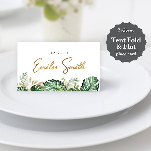 Tropical & Gold Place Cards, editable digital instant download,  template 3.75 x 2.25" tent and flat cards, wedding  TG1