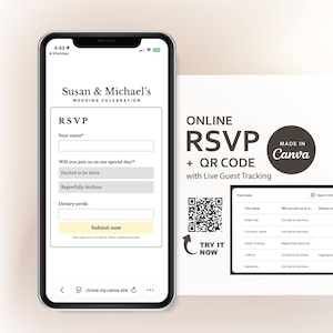 Könnte beinhalten: Ein Smartphone zeigt ein Online-RSVP-Formular für die Hochzeitsfeier von Susan & Michael. Das Formular enthält Felder für Name, Teilnahme und Ernährungswünsche. Ein QR-Code und der Text "Online RSVP + QR-Code mit Live-Gästeverfolgung" sind ebenfalls sichtbar.