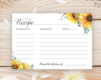 Sunflower Recipe Card Printable Instant Download DIY Bridal Shower Floral Kitchen Cook Book Watercolor Fall Wedding Matching