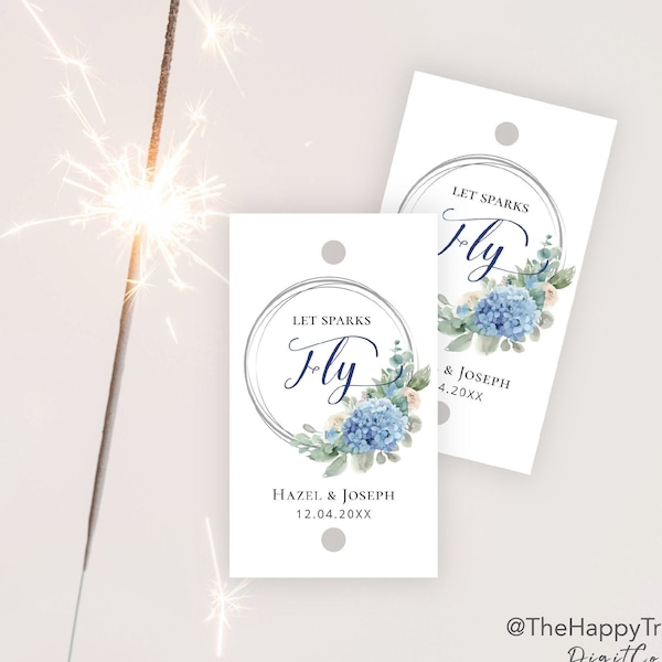 SINI blue hydrangea Sparkler Tags, editable instant download, digital download, template, wedding