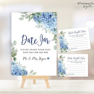 SINI Blue Hydrangea Date Jar Zeichen und Karte, bearbeitbarer digitaler Download, Vorlage 8x10 5x7 Porträt Zeichen, 4 x 3 Karte, Hochzeit, Brautparty