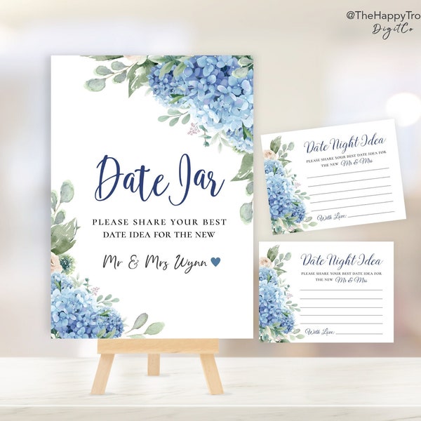 SINI Blue Hydrangea Date Jar Sign and Card, editable digital download,  template 8x10 5x7 portrait sign, 4 x 3 card, wedding, bridal shower