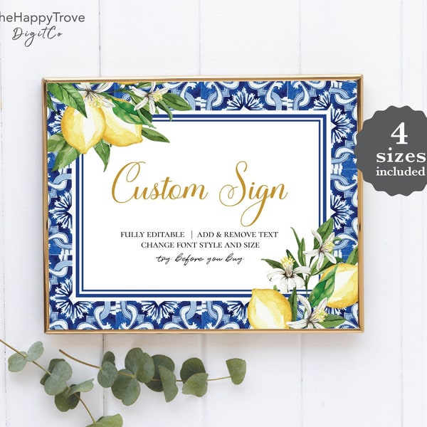 Blue Tiles Lemon Custom Signs, editable digital instant download,  template 8x10 5x7 portrait and landscape, wedding, bridal shower L2