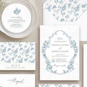 ANNE Dusty Blue Toile De Jouy Wedding Invite Set, French Blue Rococo, Damask, Vintage, French Garden Invite, Bridgeton, Victorian Invite