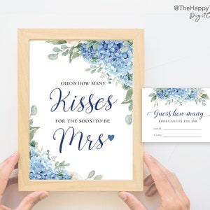 SINI blauwe hortensia raad eens hoeveel kussen teken en kaart, bewerkbare digitale instant download, sjabloon, vrijgezellenfeestspel