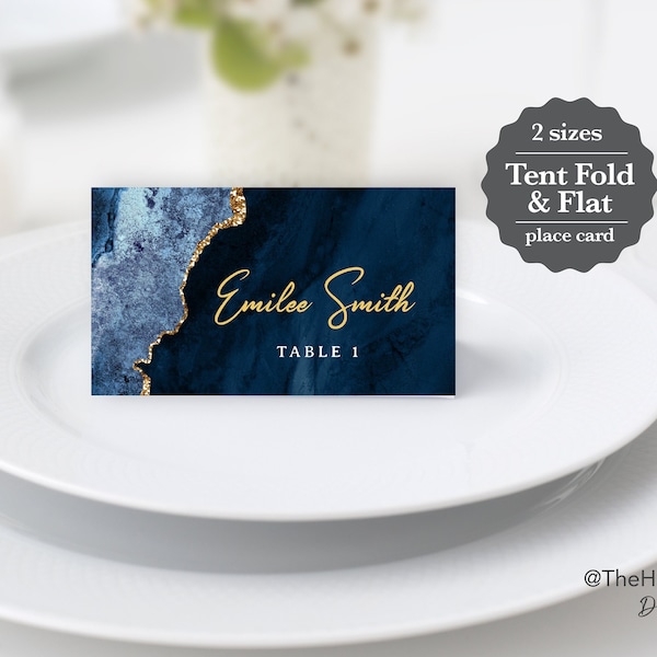 NOVA Navy Blue & Gold Place Cards, editable digital instant download,  template 3.5 x 2" tent and flat cards, wedding