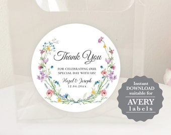 MARLEE Wild Flower round Sticker, square tag, editable digital instant download, template, wedding favour