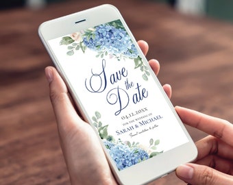 SINI Blue Hydrangea Save the Date Evite, Smartphone Electronic Invitation,  Digital Template, instant download, digital download, template