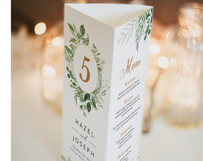 Tri-fold Number Template, Greenery Triangle Table Number Template ...