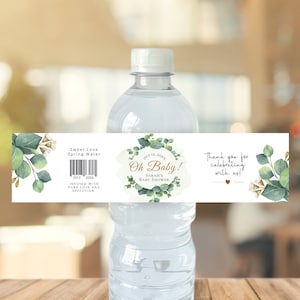 Eucalyptus baby shower water bottle label, editable digital instant download, template G3